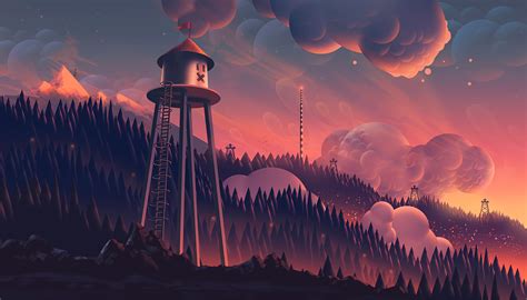 aaron campbell digital art trees clouds forest fantasy art mountains sunset watchtower