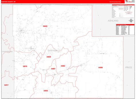 sawyer county wi zip code wall map red  style  marketmaps mapsales