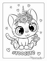 Coloring Pages Cat Easy Cute Kids Printables Caticorn Big Eyes Adults sketch template