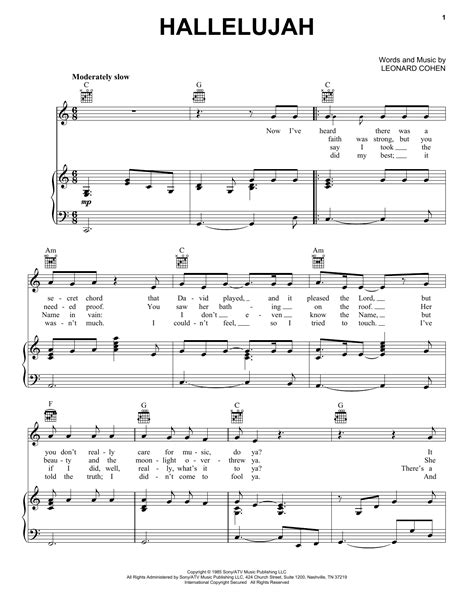 Hallelujah Sheet Music By Leonard Cohen Piano Vocal And Guitar Right