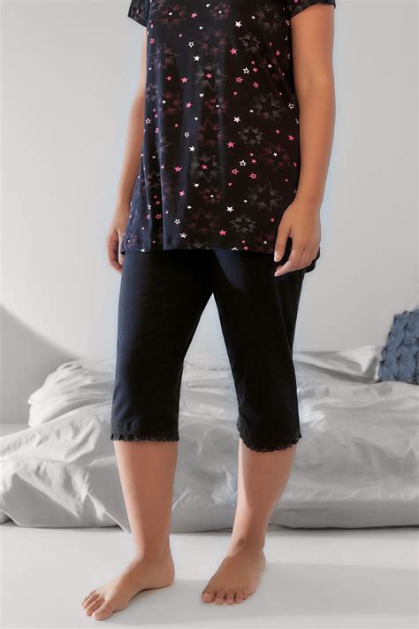 black crop pyjama bottoms with lace trim plus size 16 to 36