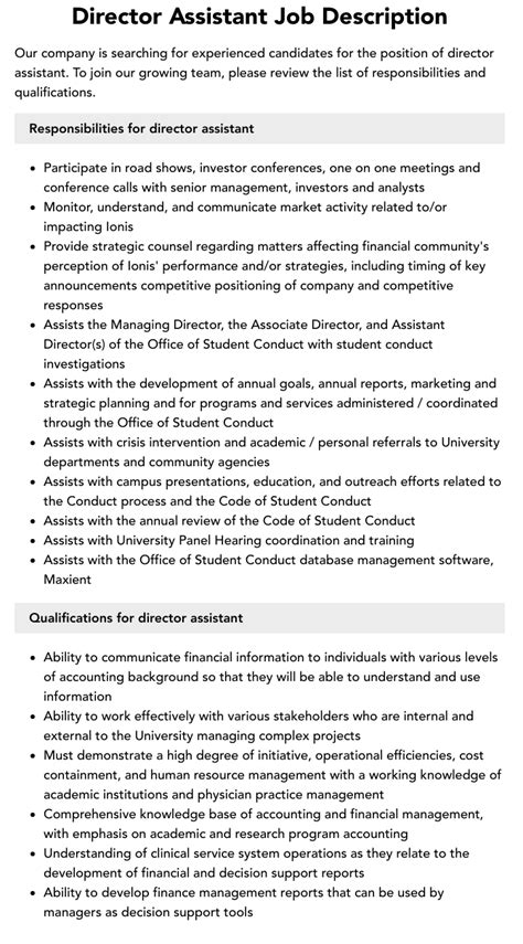director assistant job description velvet jobs