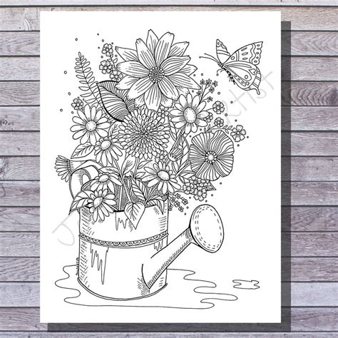 printable coloring page flowers   watering  floral etsy