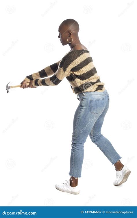 female swinging  hammer  hit  stock image image  action destroy