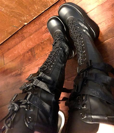 demonia wave    knee boots black stretch vegan leather