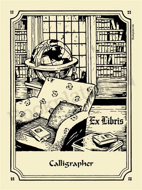 a109 bookplate with home library and globe ex libris wording bookplate ink