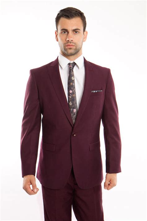 mens burgundy  button slim fit suit single button suits  men