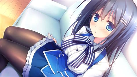 alcot alcot honey comb black hair blue eyes blush bow couch game cg