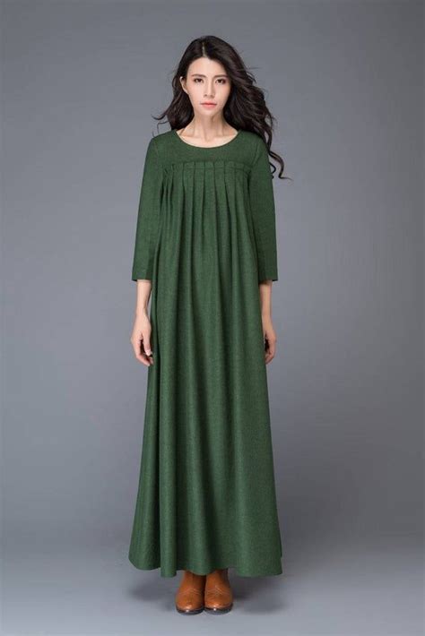 green dress wool dress winter dress maxi dress womens dress pleated dress green wool dress