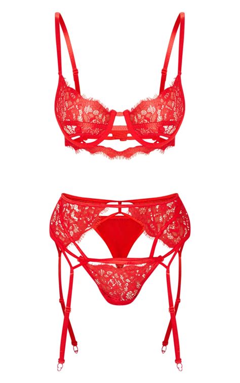 red eyelash lace strappy 3 piece lingerie set prettylittlething