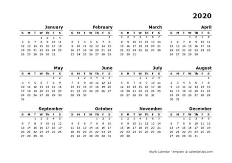 2020 Yearly Calendar Blank Minimal Design Free Printable