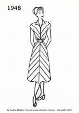 Fashion 1948 Silhouettes Dress 1940s 1940 Dresses History Costume Era Silhouette 1950 Drawings Colouring Timeline 1949 Drawing Line Mode Vintage sketch template