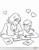 Coloring Mother Homework Son Helping Her Pages Drawing Printable Mothers sketch template