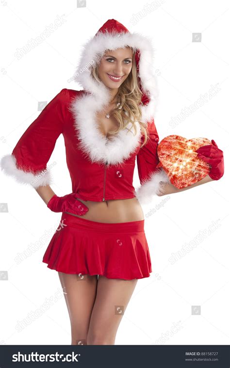 very sexy and attractive smiling blond girl in red santa