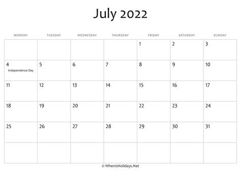 july  calendar printable  holidays whenisholidaysnet