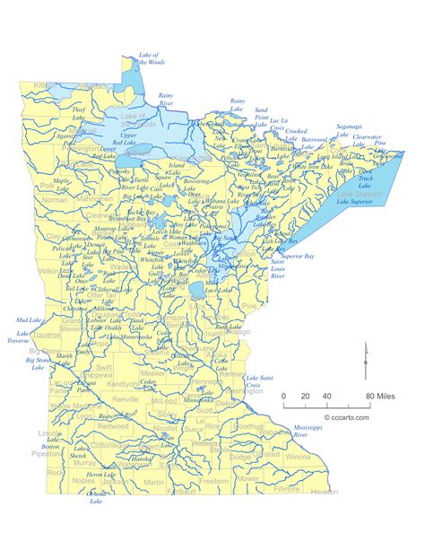 state  minnesota water feature map  list  county lakes rivers