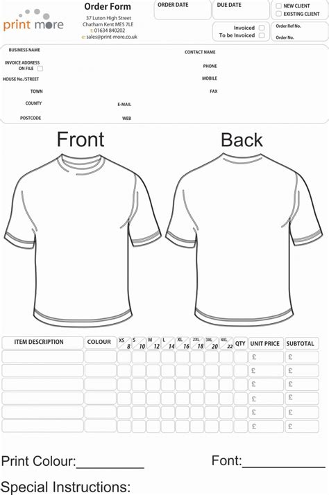 shirt order form template addictionary