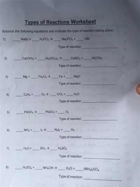 balancing chemical equations  types  reactions worksheet answers