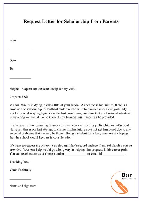 request letter  scholarship  parents   letter template