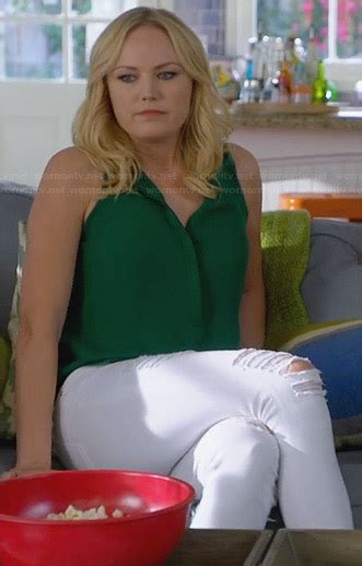 Wornontv Kate’s Green Split Neck Blouse And White Ripped Jeans On