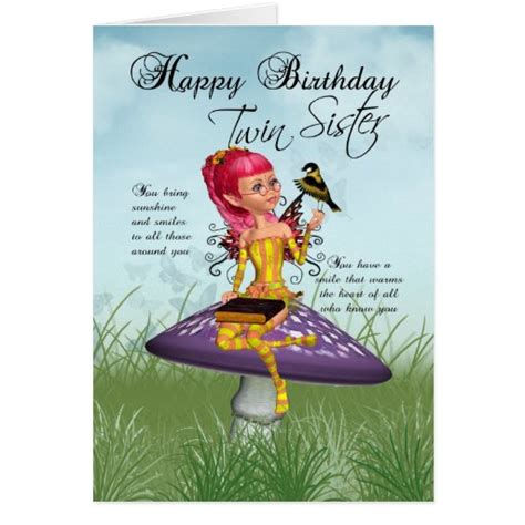 twin sister birthday card  fairy  chaffinch zazzle
