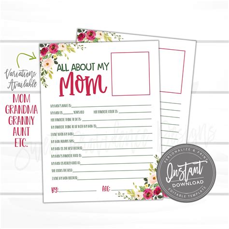 editable mothers day questionnaire   mom survey questions