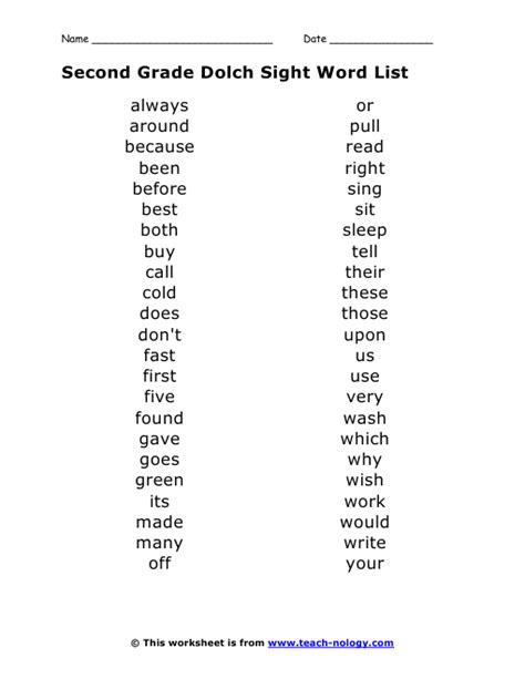 grade dolch sight word list