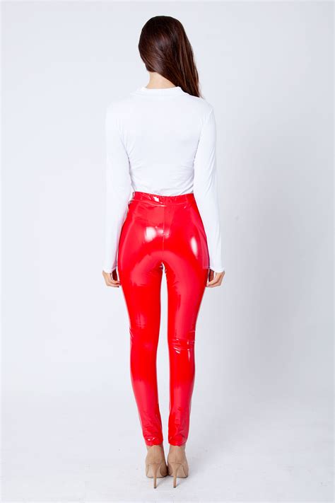 red wet look shiny vinyl pu leggings fashion modamore