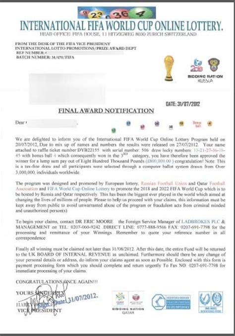 Advance Fee Scam International Fifa World Cup Online Lottery Program