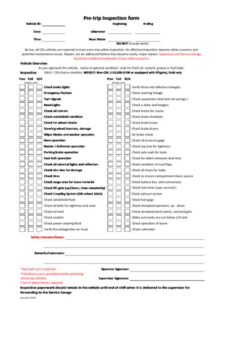 vehicle pre trip inspection checklist template