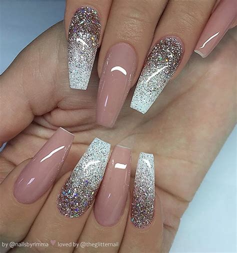 50 Pretty French Pink Ombre And Glitter On Long Acrylic Coffin Nails