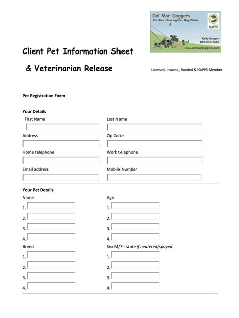 pet information sheet  fill  printable fillable blank