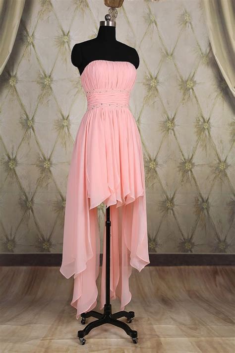 cute high low hem strapless pink chiffon ruffle beaded party prom dress