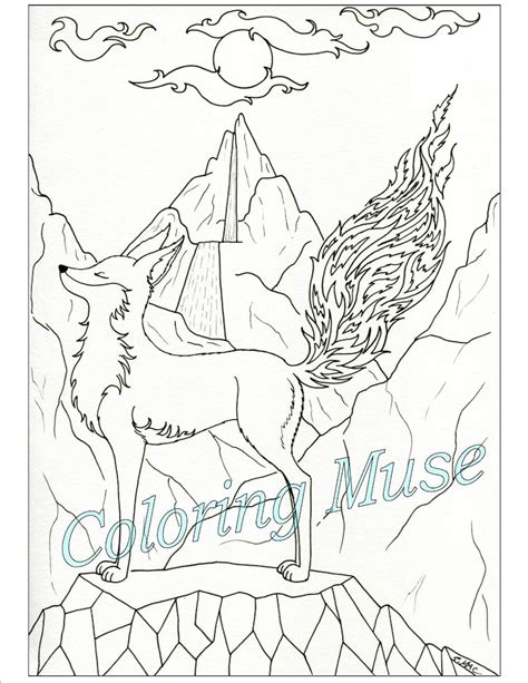 flame tail fox fantasy coloring page fox art printable etsy
