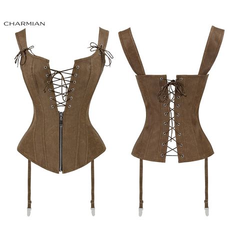 charmian vrouwen renaissance corset sexy vintage  size lederen rits bruin corset bustier top