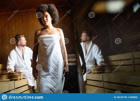 happy couple having a steam bath in a sauna stock image image of