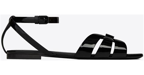Saint Laurent Tribute Flat Sandals In Patent Leather In Black Lyst