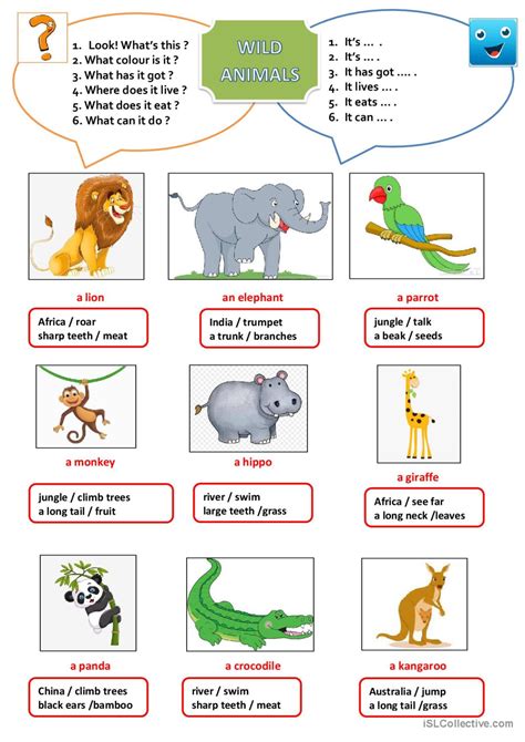 wild animals picture description english esl worksheets