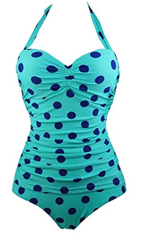 cocoship 50s retro navy blue aqua polka dot one piece pin up monokinis swimsuit fba bathing suits