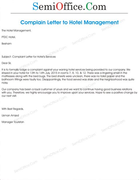 complaint letter  hotel management semiofficecom