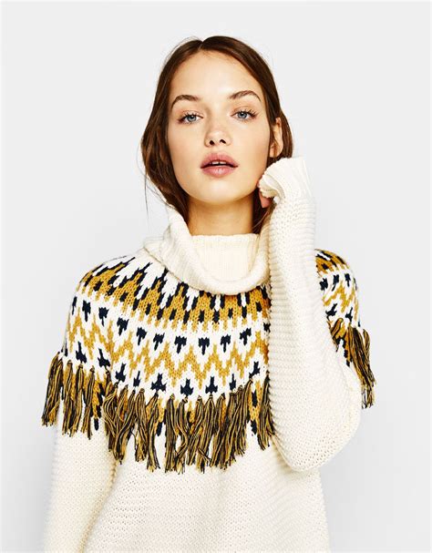 fringed jacquard sweater knitwear bershka united states sweaters knitwear jacquard sweater