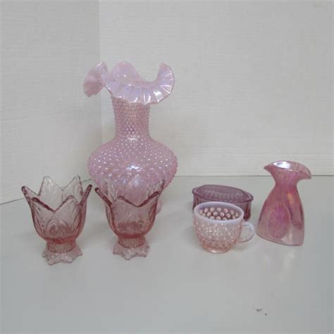 6 Pink Glass Fenton Opalescent Hobnail Vases Ruffled Edge