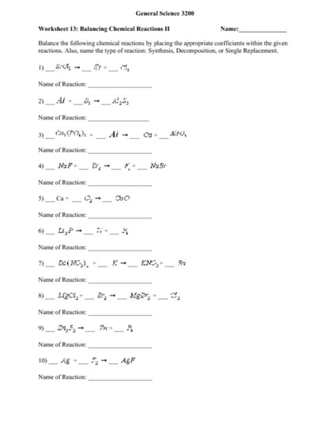 balancing chemical reactions ii worksheet    grade lesson