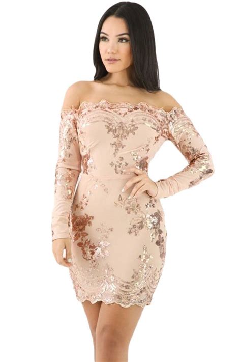 Sequin Floral Long Sleeve Off The Shoulder Midi Dress Online Store