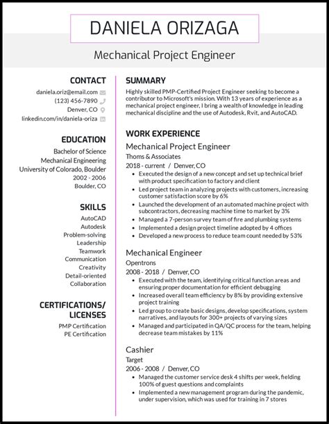 mechanical engineering student resume sample