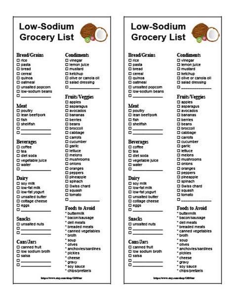 sodium grocery list printable instant  etsy