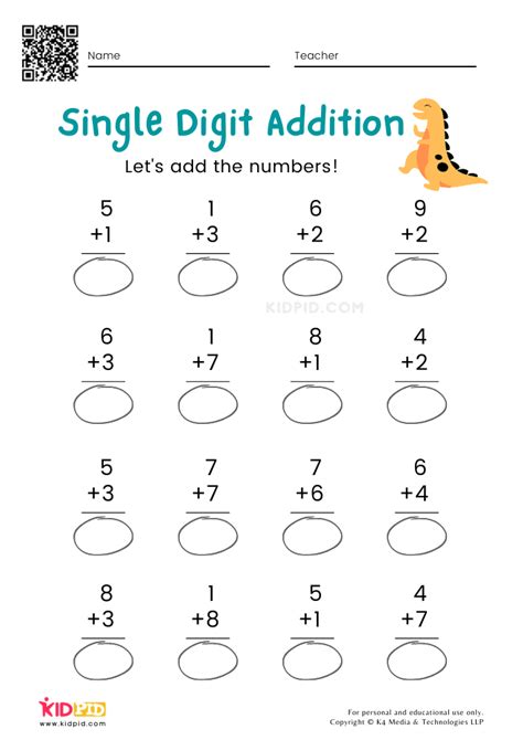 single digit addition math worksheets  printables kidpid