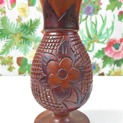 vintage wooden hand carved vase floral carved wooden vase boho chic home decor bohemian vase