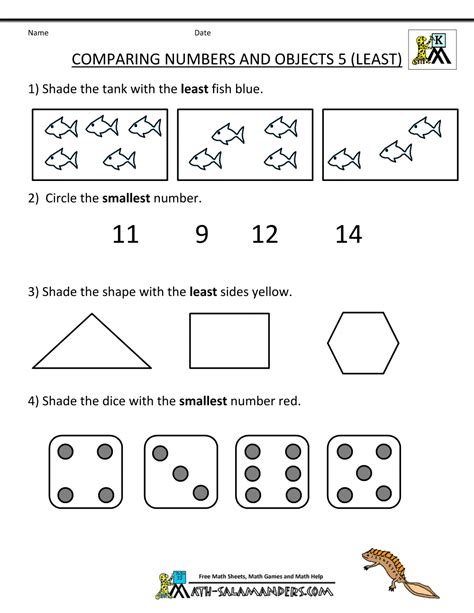 kindergarten math worksheets comparing numbers  size