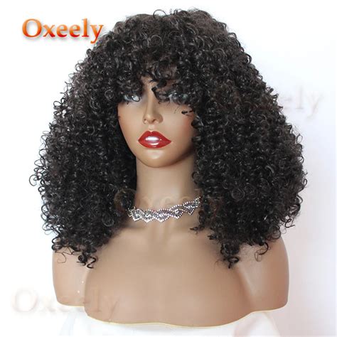 oxeely high density kinky curly wigs silk top synthetic afo wigs  women  bangs natural